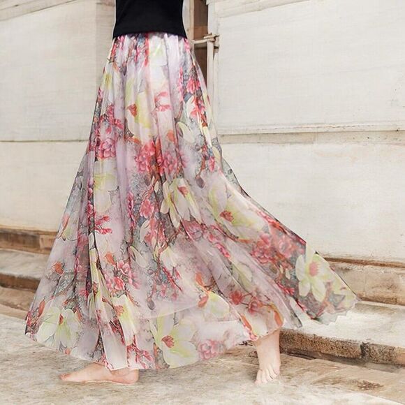 Pink Floral Flowy Lightweight A-line Maxi Skirt NEW - Picture 1 of 3
